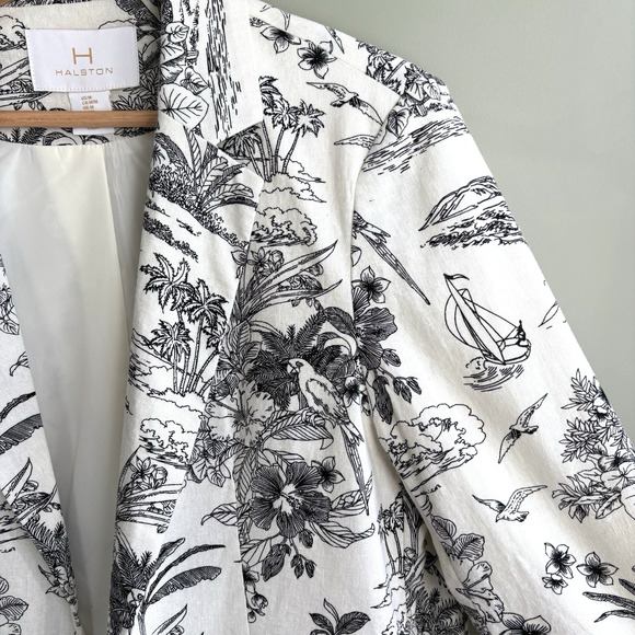 H by HALSTON Medium Linen Blend Blazer Jacket Cream Black Tropical Print Office - Picture 4 of 16